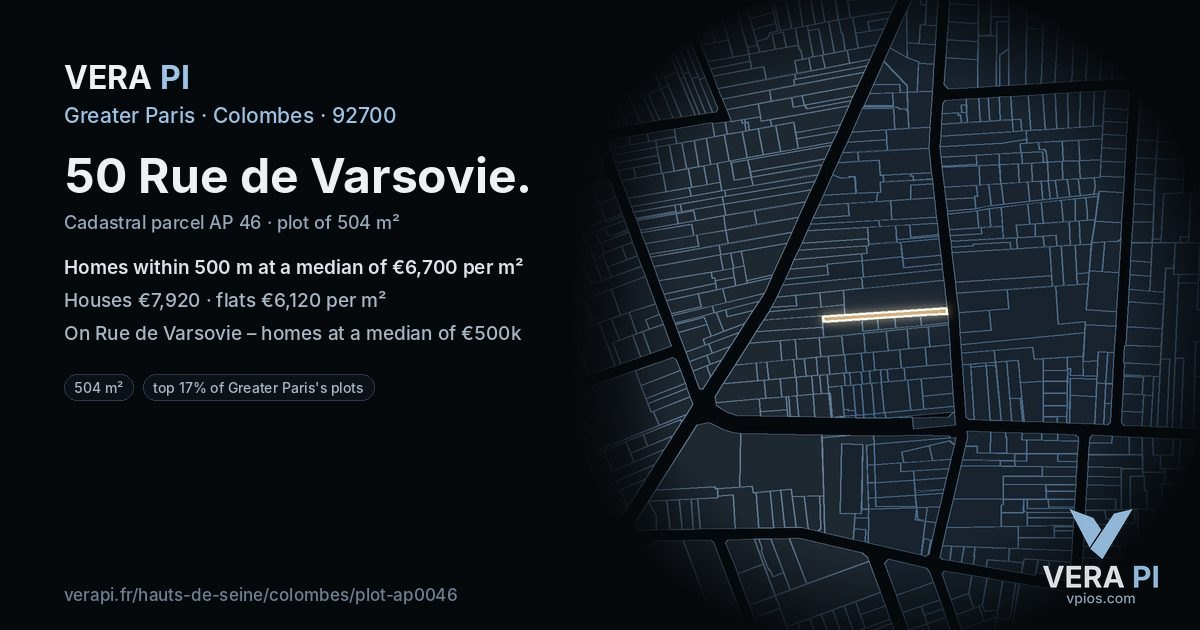 50 Rue de Varsovie, Colombes at night – the plot lit, the parcels around coloured by the prices near them