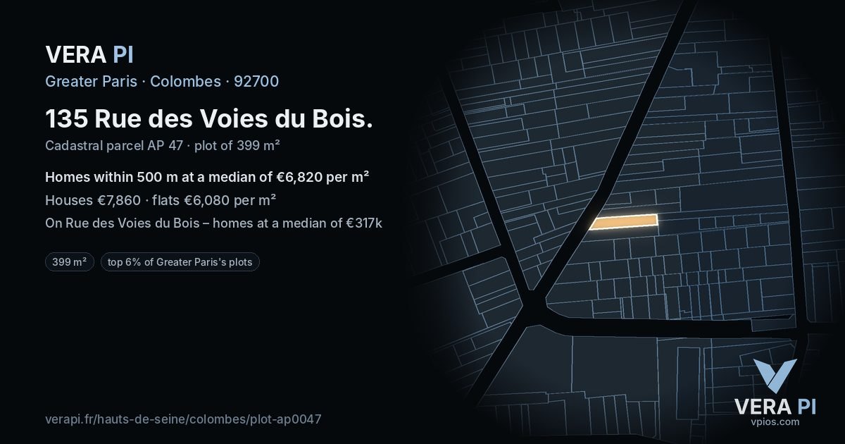135 Rue des Voies du Bois, Colombes at night – the plot lit, the parcels around coloured by the prices near them