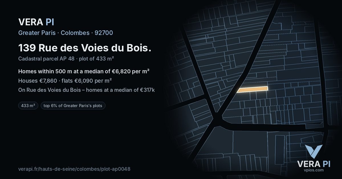 139 Rue des Voies du Bois, Colombes at night – the plot lit, the parcels around coloured by the prices near them