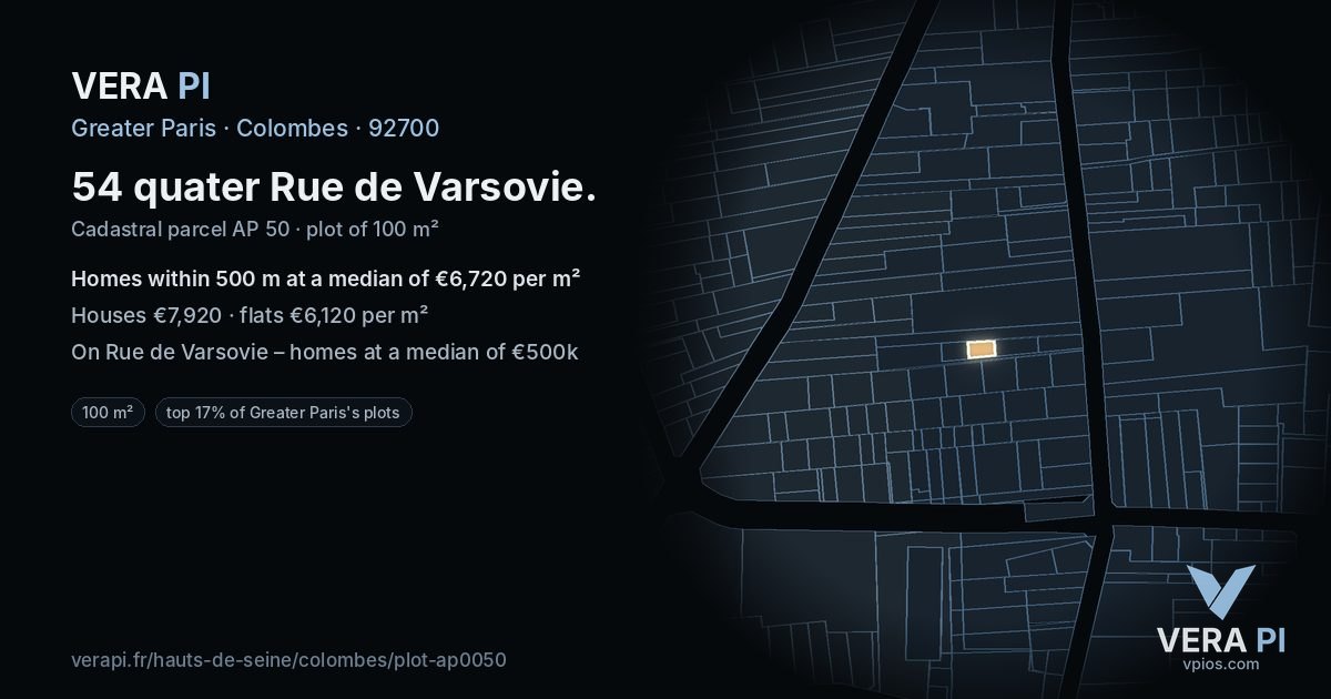 54 quater Rue de Varsovie, Colombes at night – the plot lit, the parcels around coloured by the prices near them