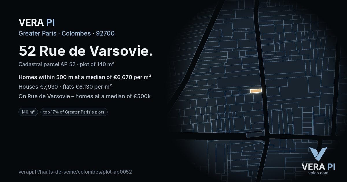 52 Rue de Varsovie, Colombes at night – the plot lit, the parcels around coloured by the prices near them