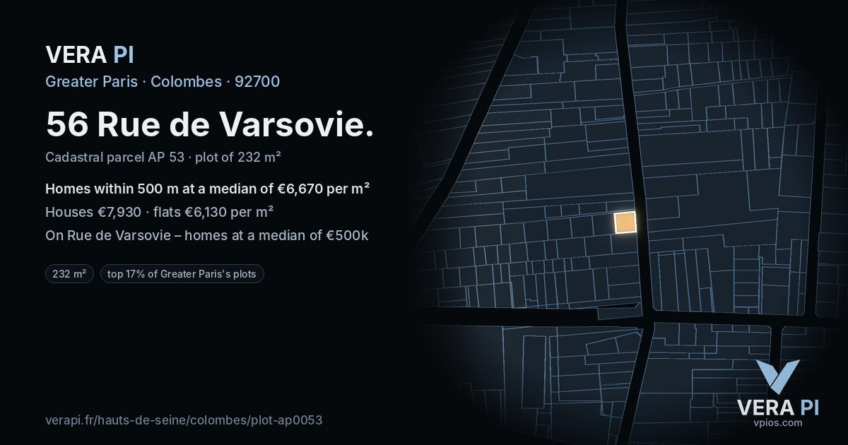 56 Rue de Varsovie, Colombes at night – the plot lit, the parcels around coloured by the prices near them
