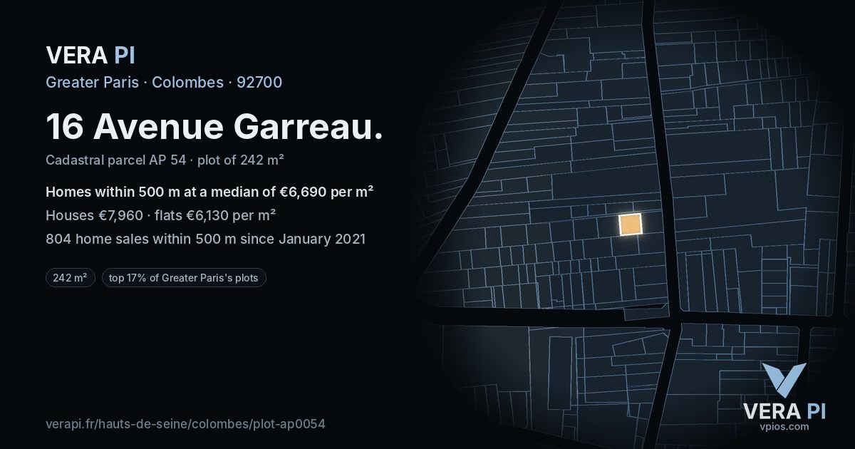 16 Avenue Garreau, Colombes at night – the plot lit, the parcels around coloured by the prices near them