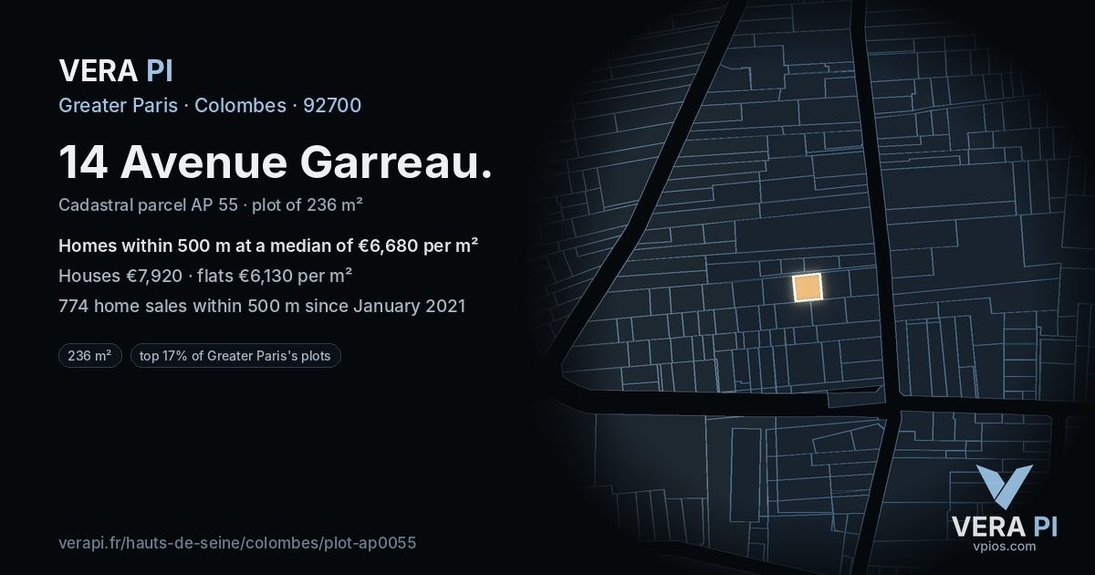 14 Avenue Garreau, Colombes at night – the plot lit, the parcels around coloured by the prices near them