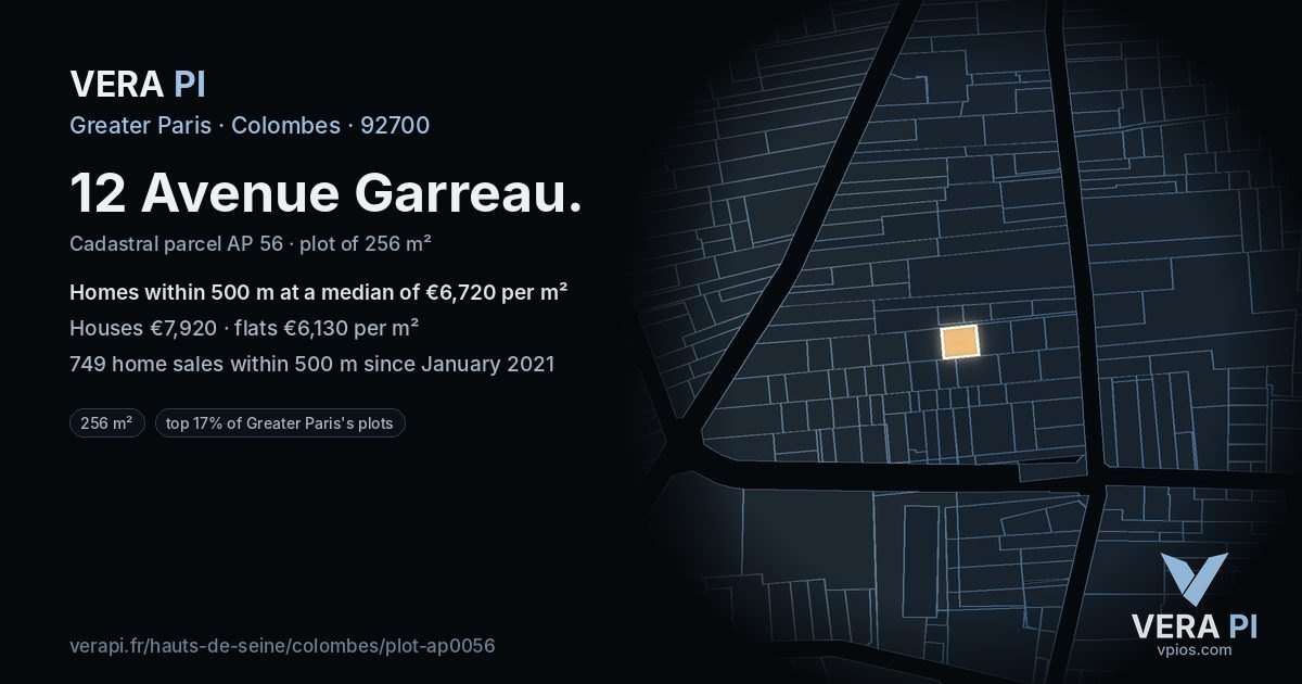 12 Avenue Garreau, Colombes at night – the plot lit, the parcels around coloured by the prices near them