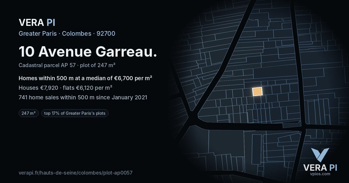 10 Avenue Garreau, Colombes at night – the plot lit, the parcels around coloured by the prices near them
