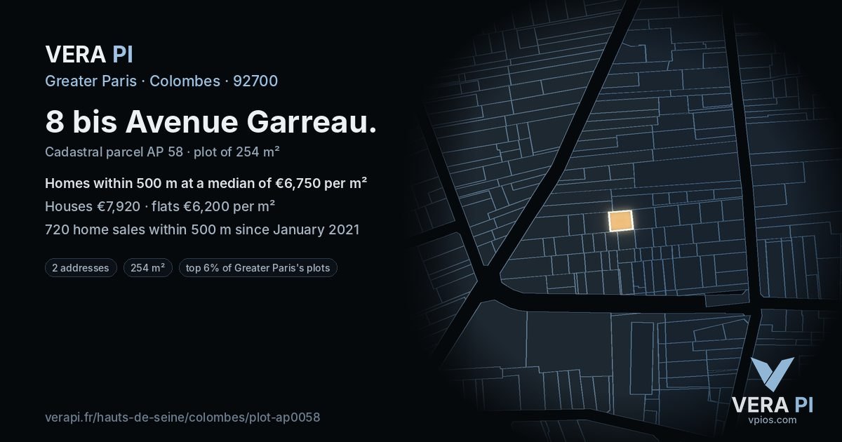 8 bis Avenue Garreau, Colombes at night – the plot lit, the parcels around coloured by the prices near them