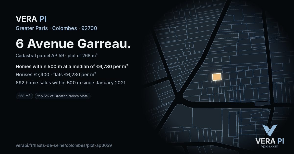 6 Avenue Garreau, Colombes at night – the plot lit, the parcels around coloured by the prices near them