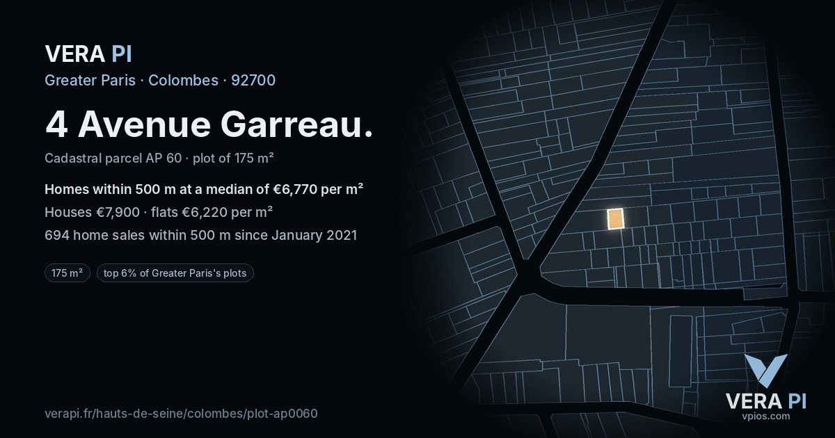 4 Avenue Garreau, Colombes at night – the plot lit, the parcels around coloured by the prices near them