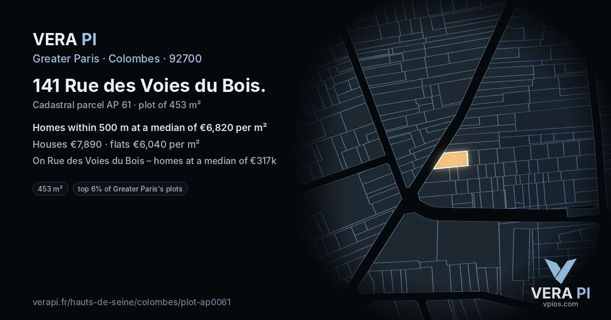 141 Rue des Voies du Bois, Colombes at night – the plot lit, the parcels around coloured by the prices near them