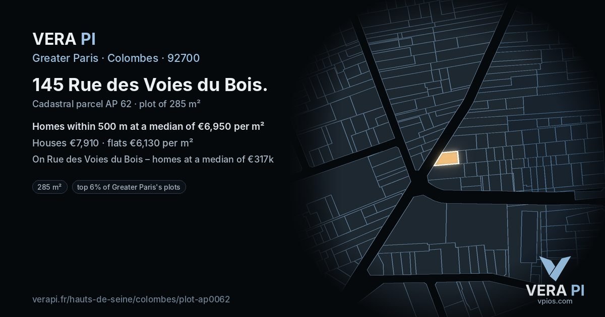 145 Rue des Voies du Bois, Colombes at night – the plot lit, the parcels around coloured by the prices near them