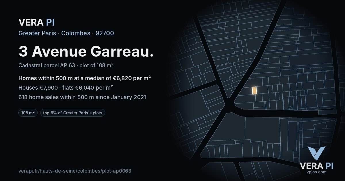3 Avenue Garreau, Colombes at night – the plot lit, the parcels around coloured by the prices near them