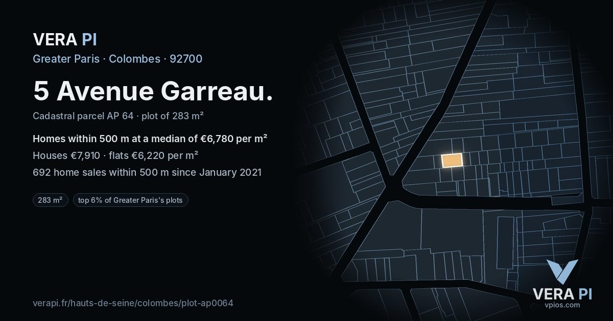 5 Avenue Garreau, Colombes at night – the plot lit, the parcels around coloured by the prices near them