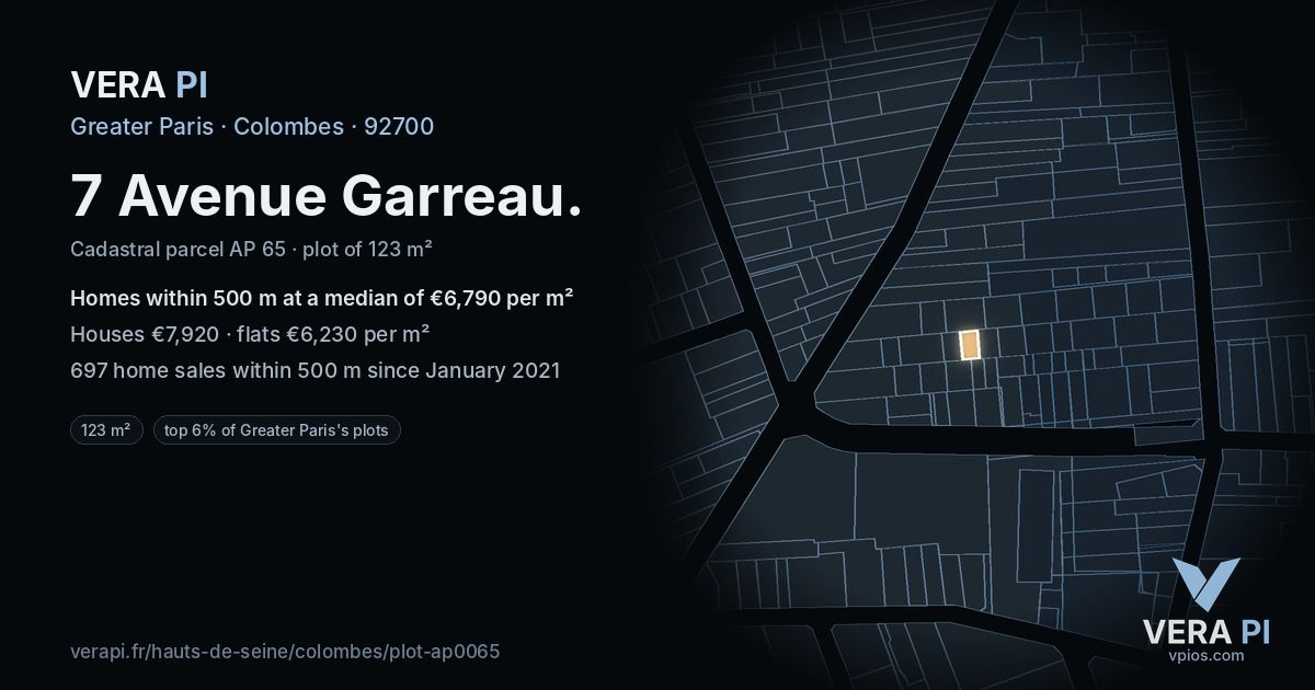 7 Avenue Garreau, Colombes at night – the plot lit, the parcels around coloured by the prices near them
