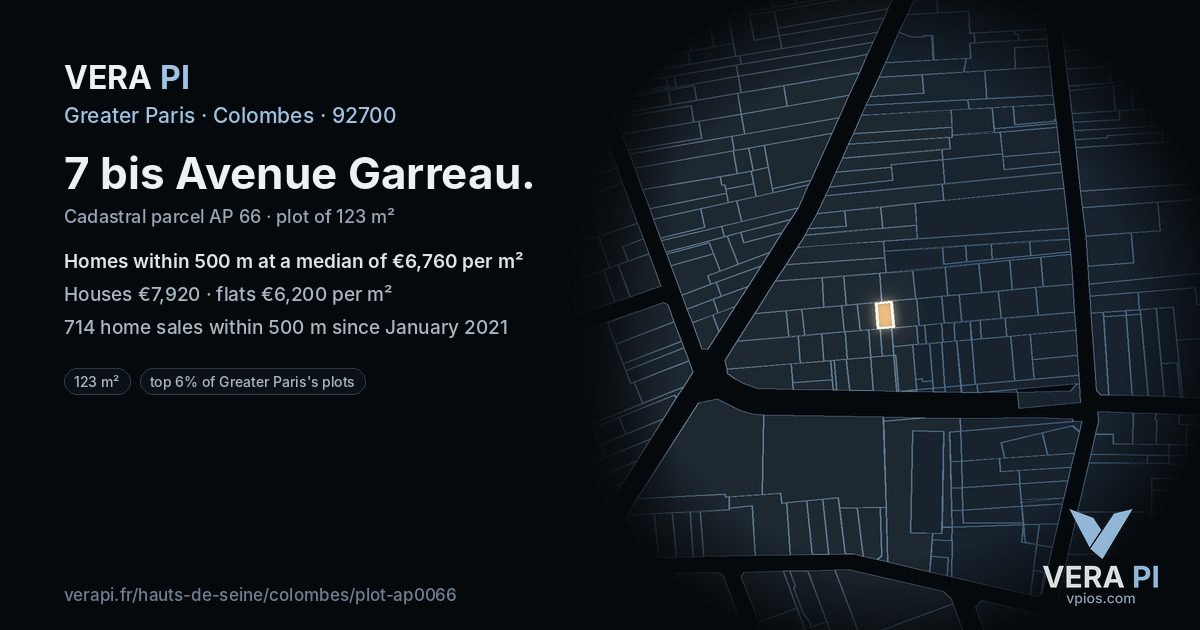 7 bis Avenue Garreau, Colombes at night – the plot lit, the parcels around coloured by the prices near them