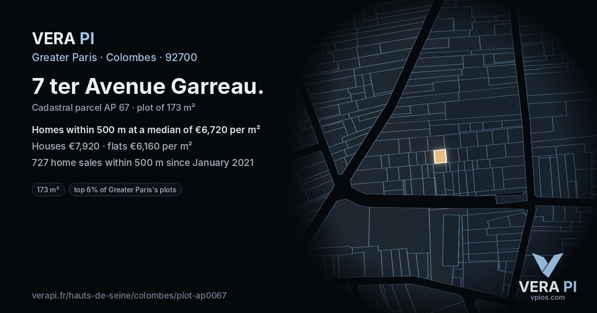 7 ter Avenue Garreau, Colombes at night – the plot lit, the parcels around coloured by the prices near them