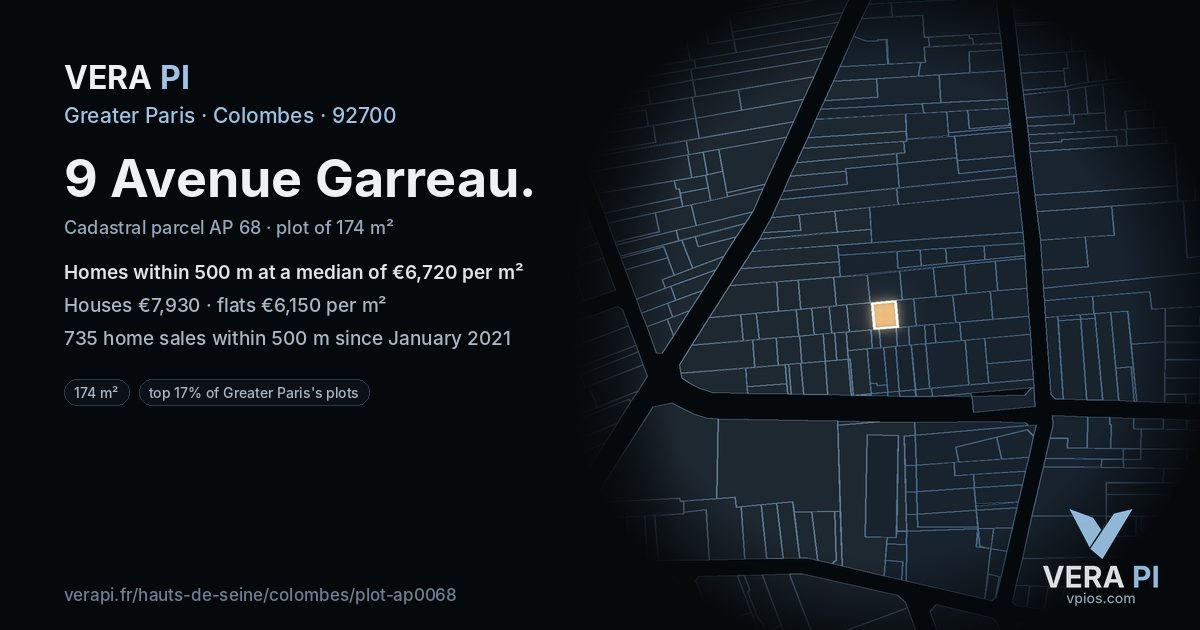 9 Avenue Garreau, Colombes at night – the plot lit, the parcels around coloured by the prices near them