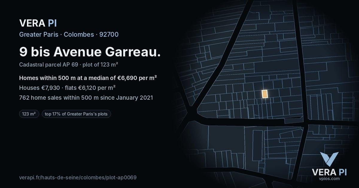 9 bis Avenue Garreau, Colombes at night – the plot lit, the parcels around coloured by the prices near them