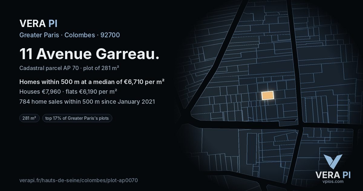 11 Avenue Garreau, Colombes at night – the plot lit, the parcels around coloured by the prices near them