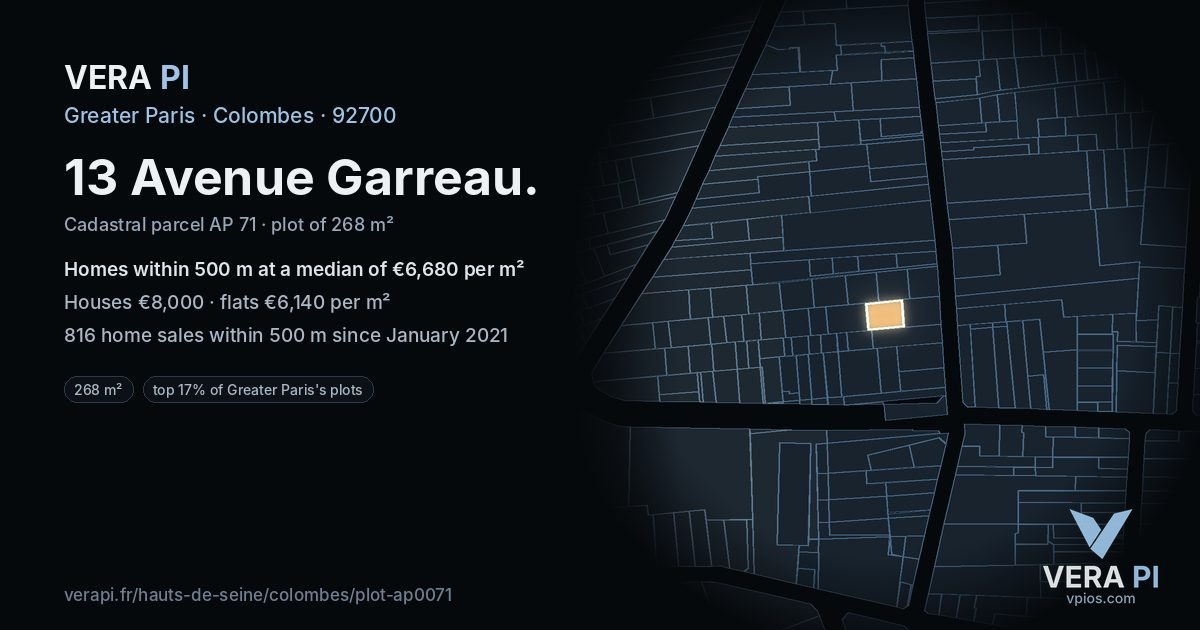 13 Avenue Garreau, Colombes at night – the plot lit, the parcels around coloured by the prices near them