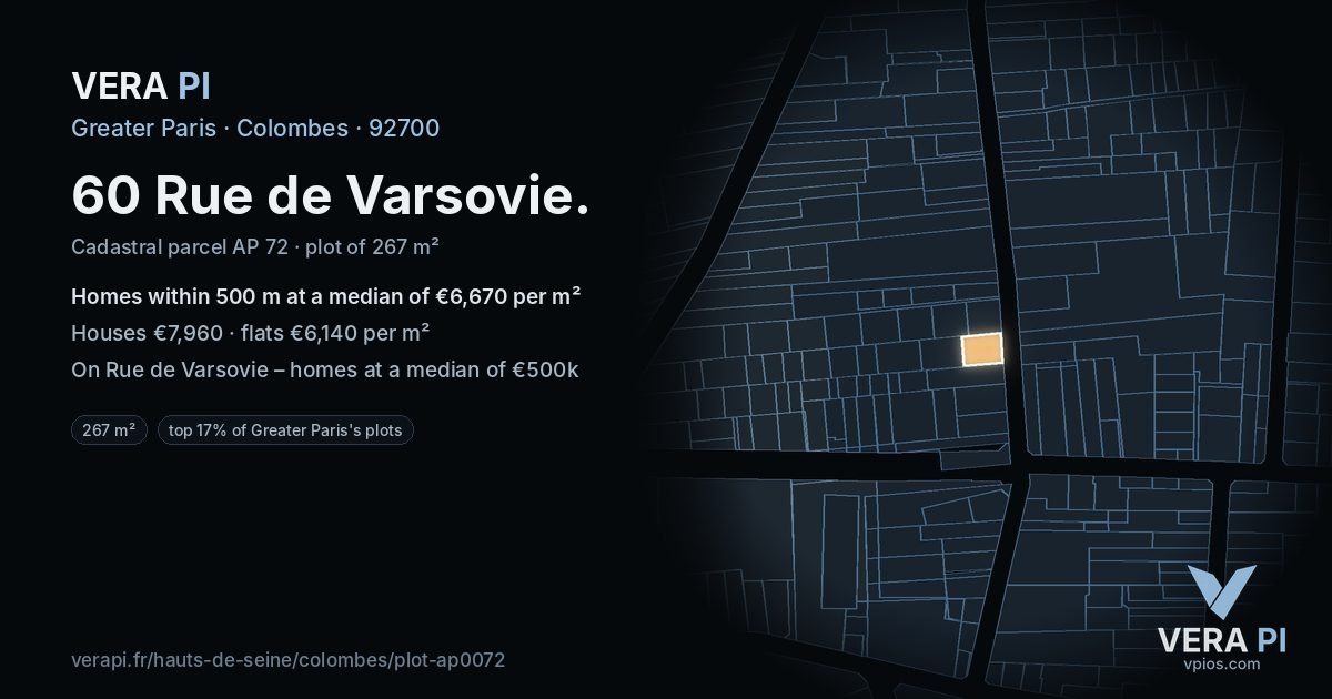 60 Rue de Varsovie, Colombes at night – the plot lit, the parcels around coloured by the prices near them