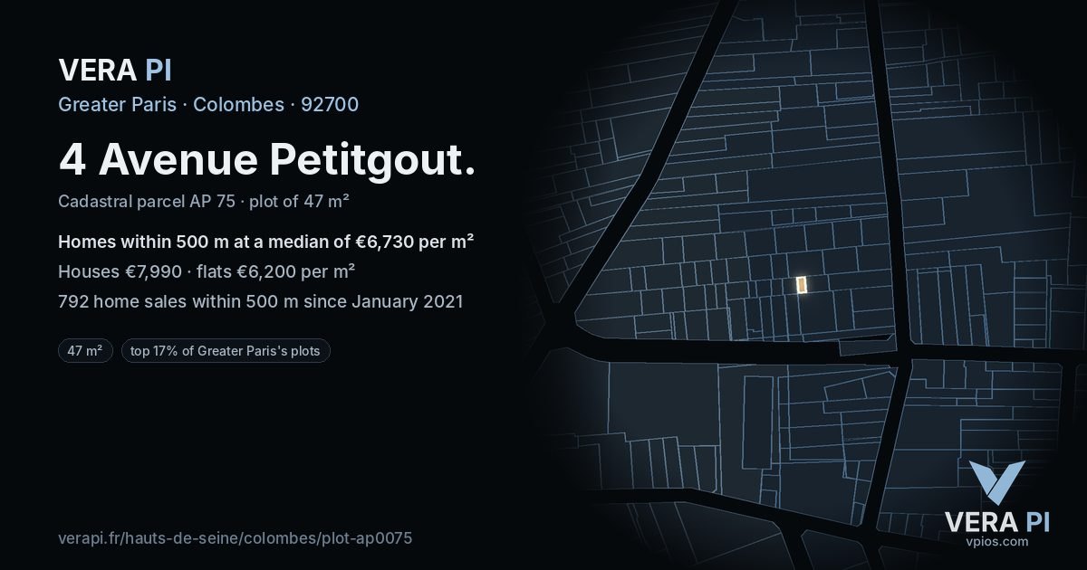 4 Avenue Petitgout, Colombes at night – the plot lit, the parcels around coloured by the prices near them