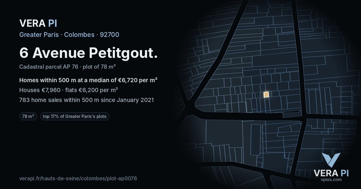 6 Avenue Petitgout, Colombes at night – the plot lit, the parcels around coloured by the prices near them