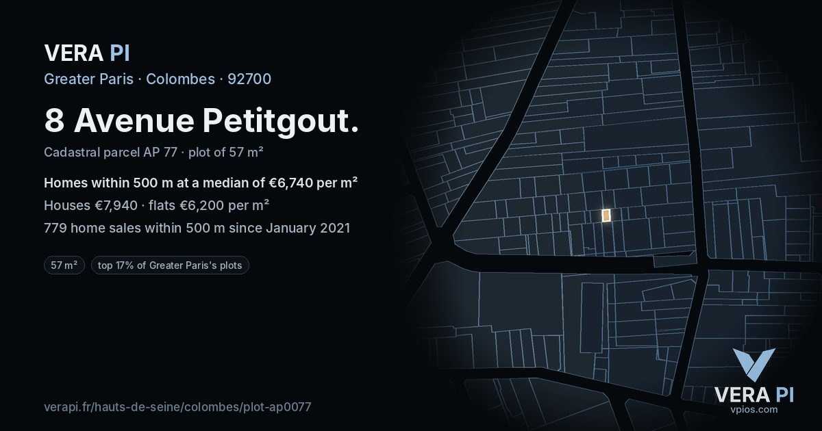 8 Avenue Petitgout, Colombes at night – the plot lit, the parcels around coloured by the prices near them