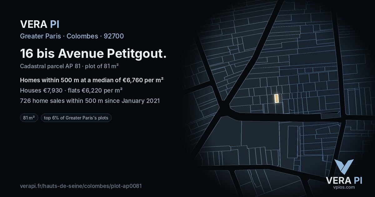 16 bis Avenue Petitgout, Colombes at night – the plot lit, the parcels around coloured by the prices near them