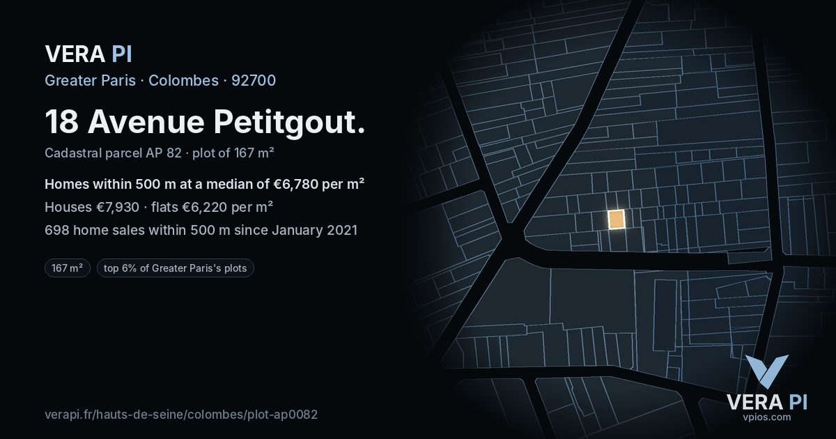 18 Avenue Petitgout, Colombes at night – the plot lit, the parcels around coloured by the prices near them