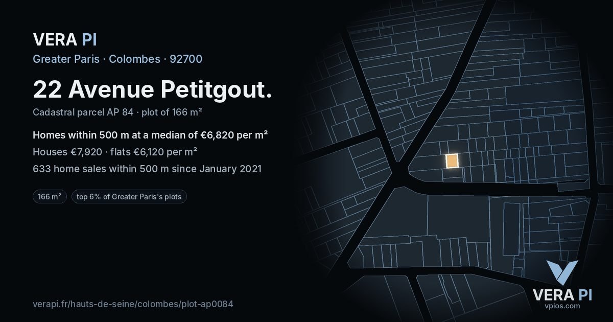 22 Avenue Petitgout, Colombes at night – the plot lit, the parcels around coloured by the prices near them