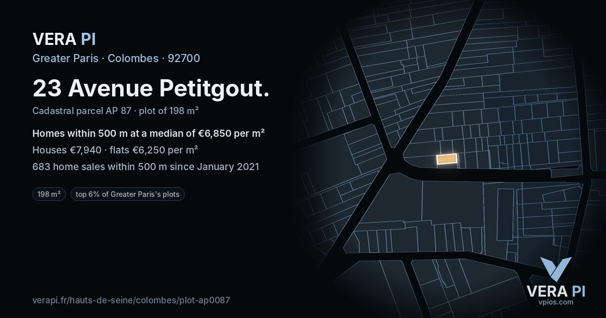 23 Avenue Petitgout, Colombes at night – the plot lit, the parcels around coloured by the prices near them