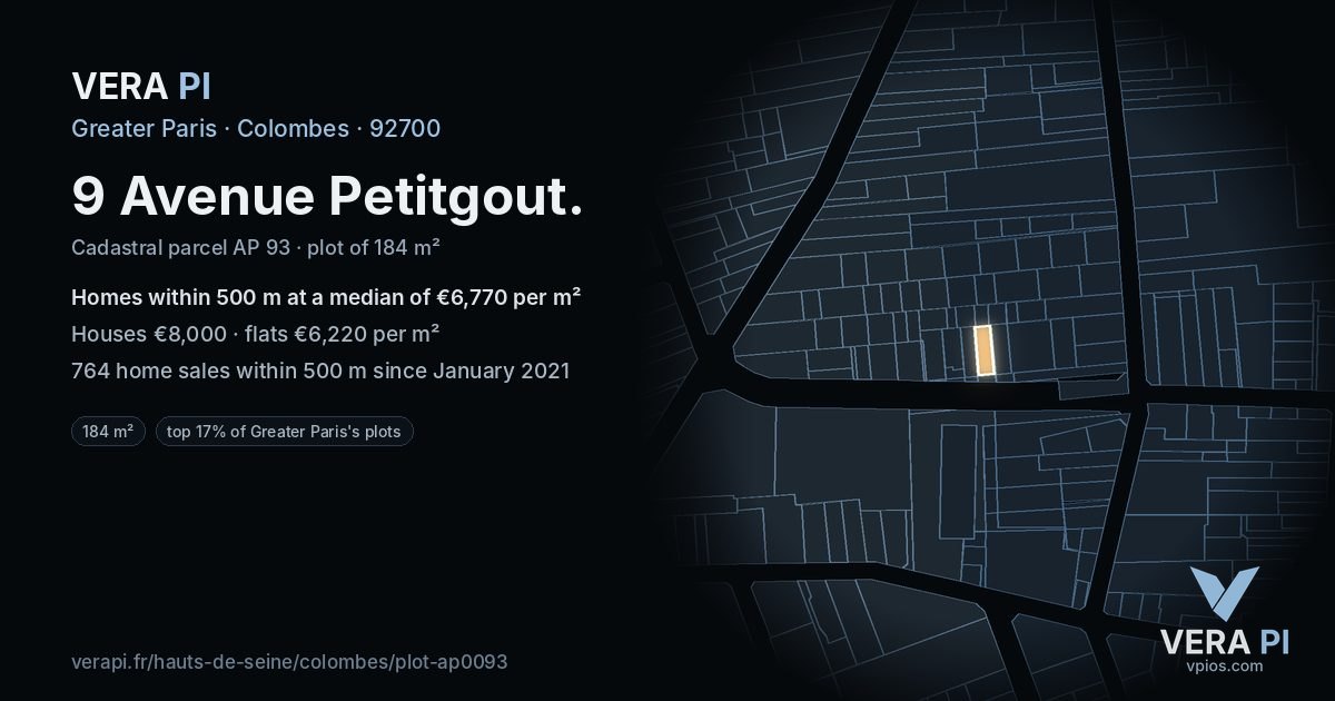 9 Avenue Petitgout, Colombes at night – the plot lit, the parcels around coloured by the prices near them