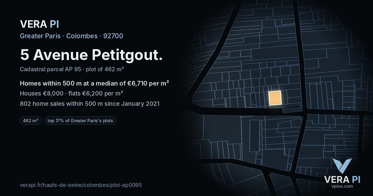 5 Avenue Petitgout, Colombes at night – the plot lit, the parcels around coloured by the prices near them