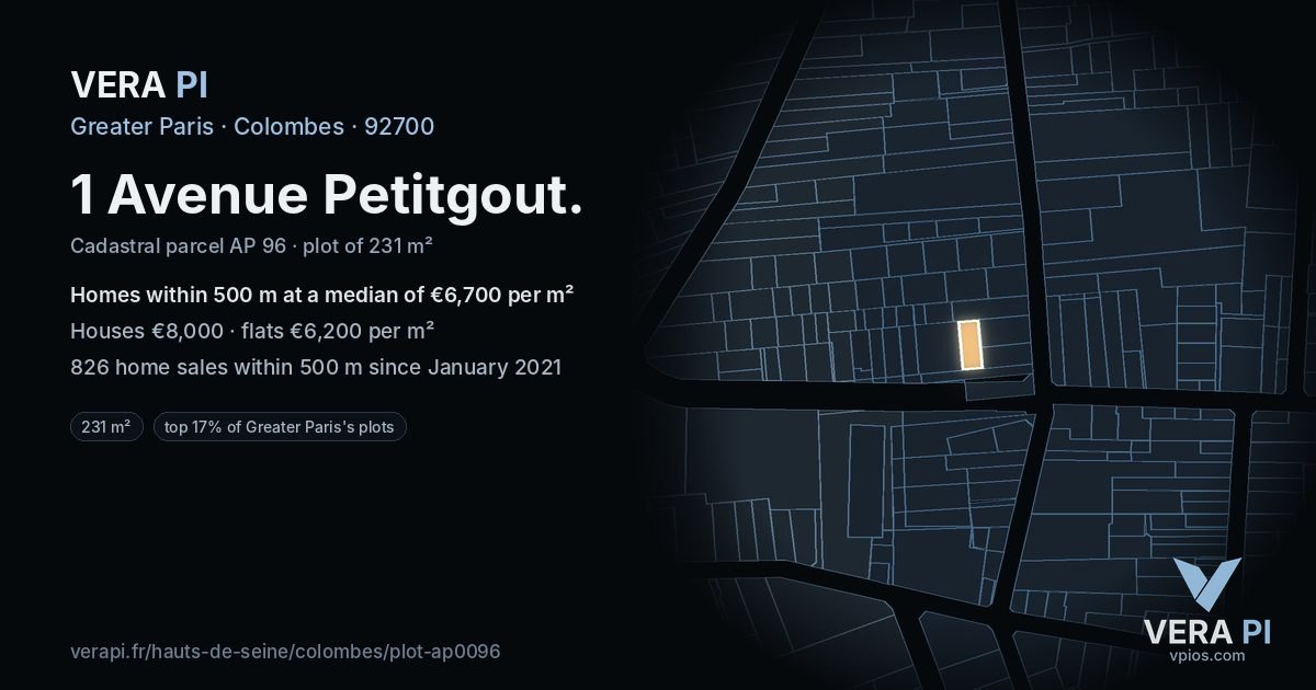 1 Avenue Petitgout, Colombes at night – the plot lit, the parcels around coloured by the prices near them