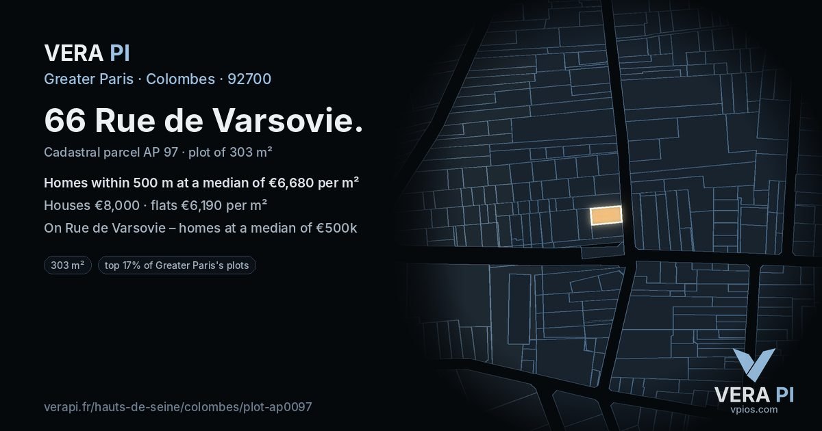 66 Rue de Varsovie, Colombes at night – the plot lit, the parcels around coloured by the prices near them