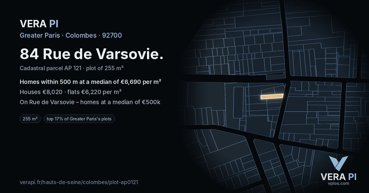 84 Rue de Varsovie, Colombes at night – the plot lit, the parcels around coloured by the prices near them
