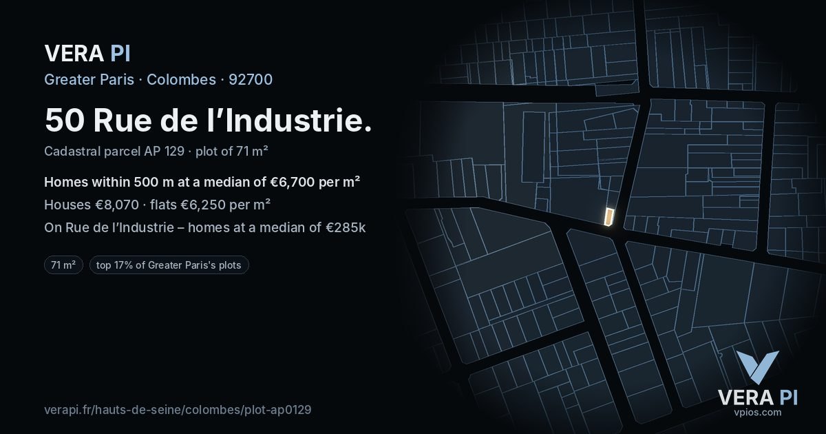 50 Rue de l’Industrie, Colombes at night – the plot lit, the parcels around coloured by the prices near them