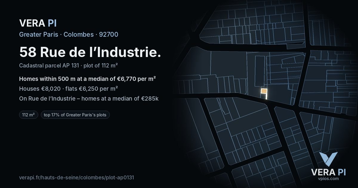 58 Rue de l’Industrie, Colombes at night – the plot lit, the parcels around coloured by the prices near them