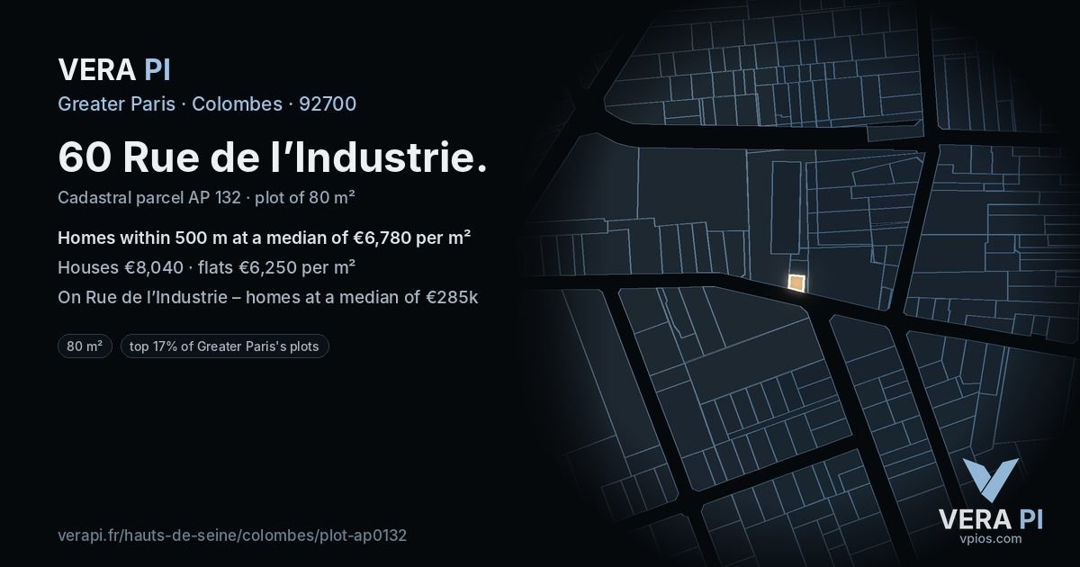 60 Rue de l’Industrie, Colombes at night – the plot lit, the parcels around coloured by the prices near them