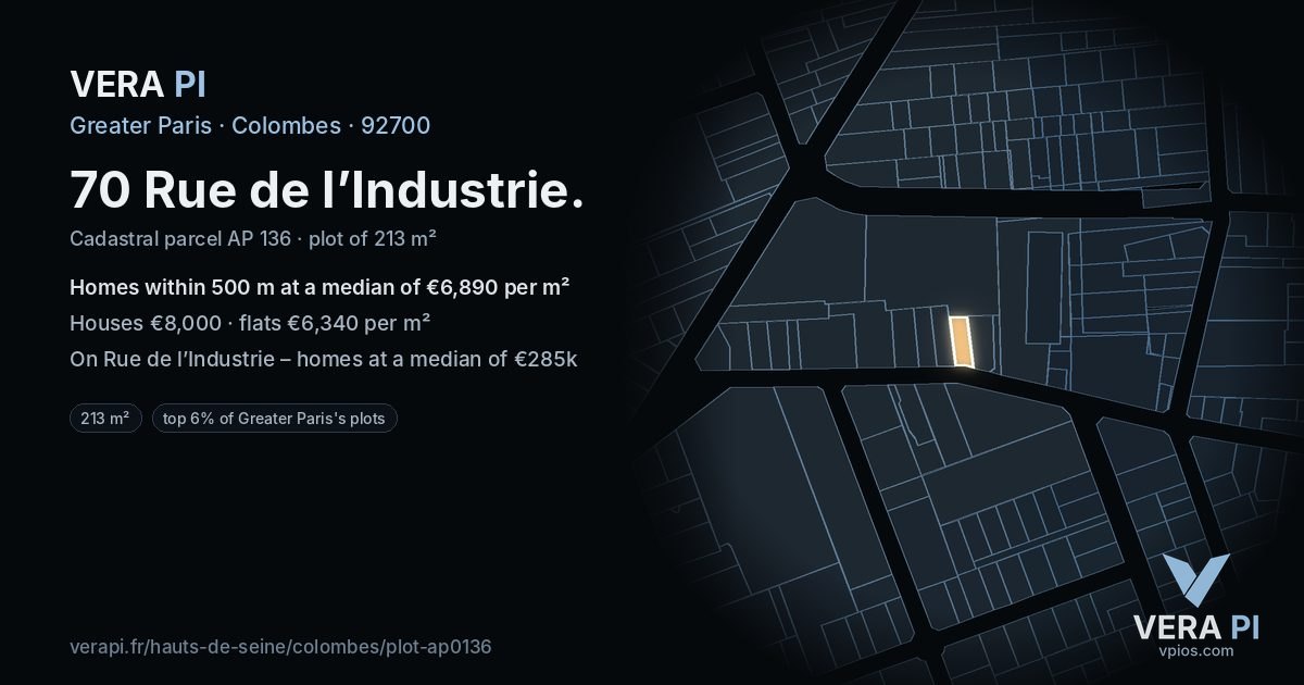 70 Rue de l’Industrie, Colombes at night – the plot lit, the parcels around coloured by the prices near them