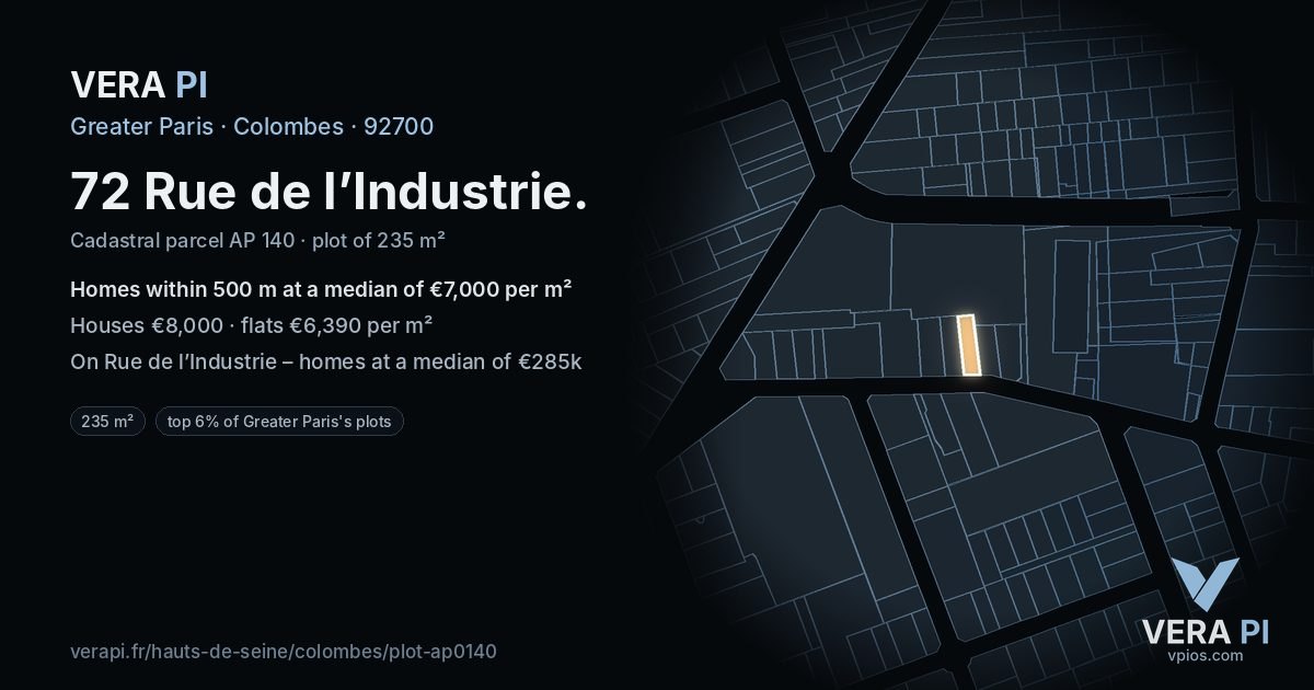 72 Rue de l’Industrie, Colombes at night – the plot lit, the parcels around coloured by the prices near them