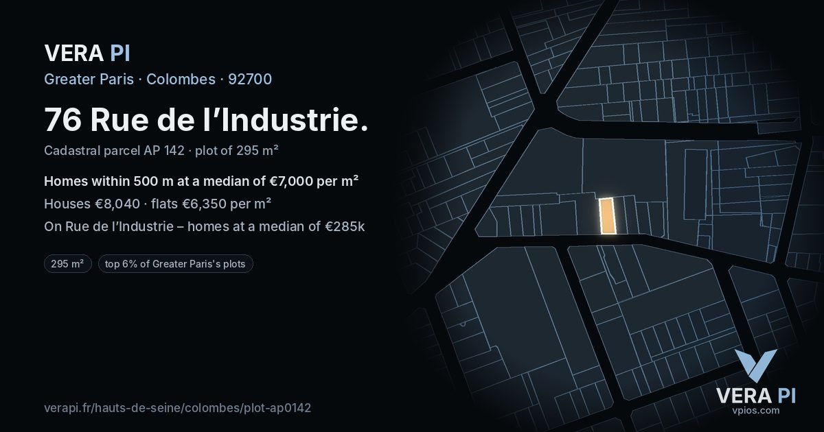 76 Rue de l’Industrie, Colombes at night – the plot lit, the parcels around coloured by the prices near them