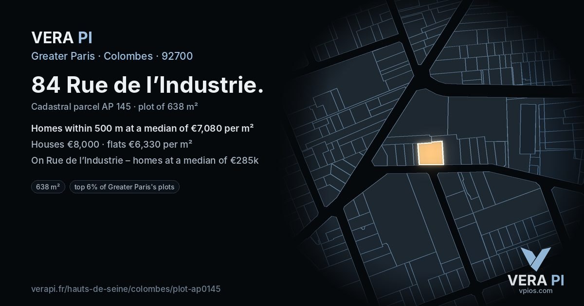 84 Rue de l’Industrie, Colombes at night – the plot lit, the parcels around coloured by the prices near them
