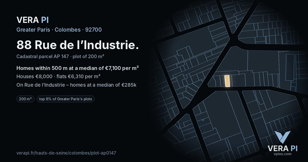 88 Rue de l’Industrie, Colombes at night – the plot lit, the parcels around coloured by the prices near them