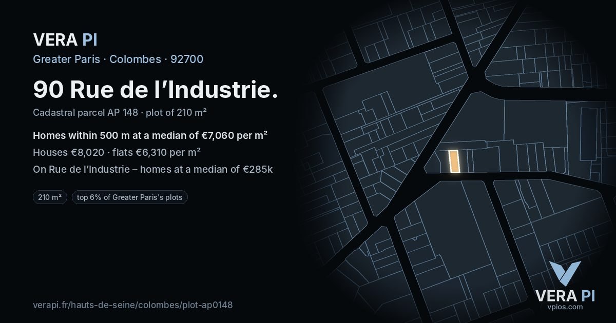 90 Rue de l’Industrie, Colombes at night – the plot lit, the parcels around coloured by the prices near them