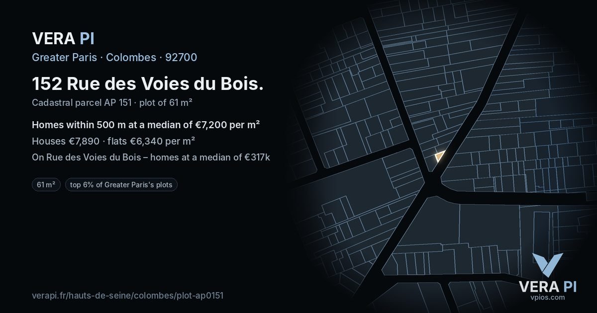 152 Rue des Voies du Bois, Colombes at night – the plot lit, the parcels around coloured by the prices near them