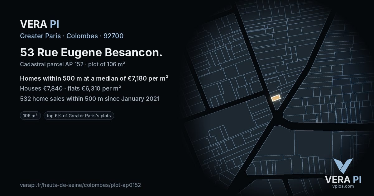 53 Rue Eugene Besancon, Colombes at night – the plot lit, the parcels around coloured by the prices near them