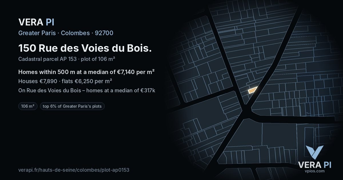 150 Rue des Voies du Bois, Colombes at night – the plot lit, the parcels around coloured by the prices near them