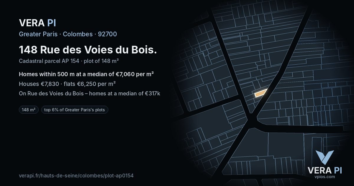 148 Rue des Voies du Bois, Colombes at night – the plot lit, the parcels around coloured by the prices near them
